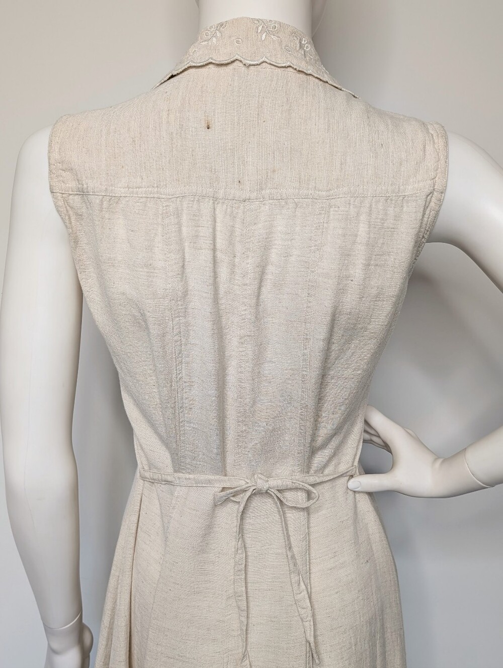 Vintage 90s Cream Color Linen Blend Button Front Sleeveless Collared Midi Dress - Picture 8 of 14